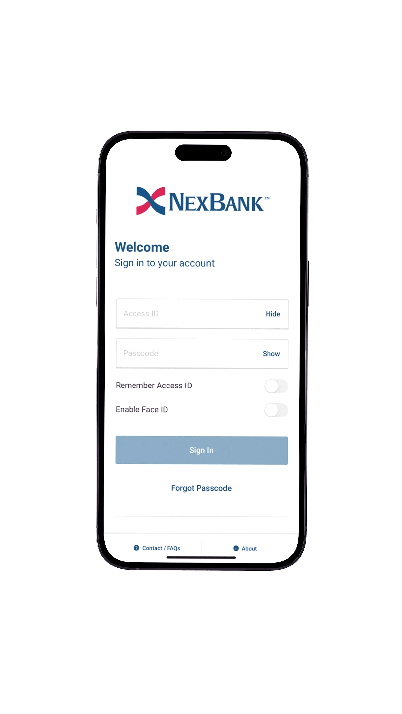 NexBank mobile banking app on smartphone